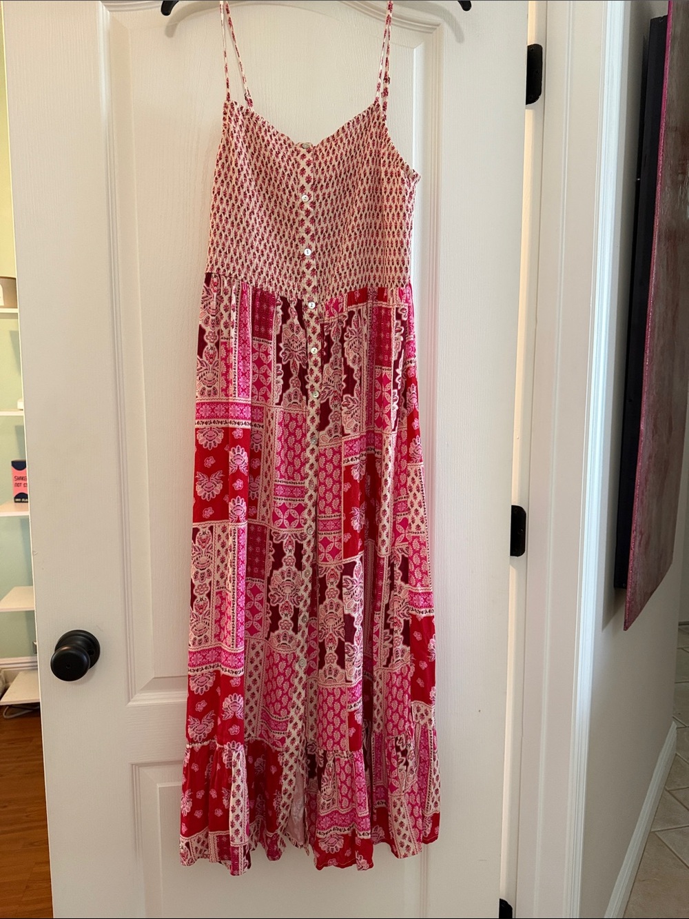 Boho Patchwork Pink & Red Maxi Dress with Button Front